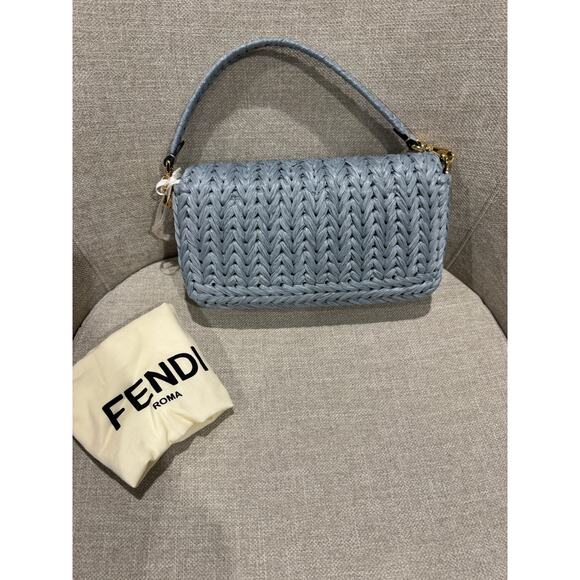 Fendi Iconic Medium Baguette Bag Light Blue Raffia Interlace Leather – NWT - Picture 7 of 10